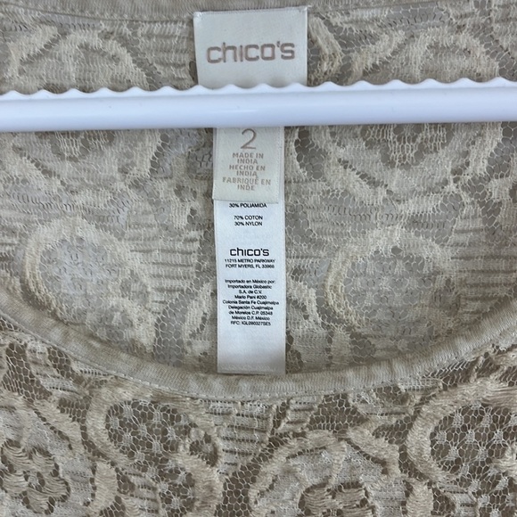 Chicos Beige Sheer Lace 3/4"-Sleeve Top - Picture 4 of 6